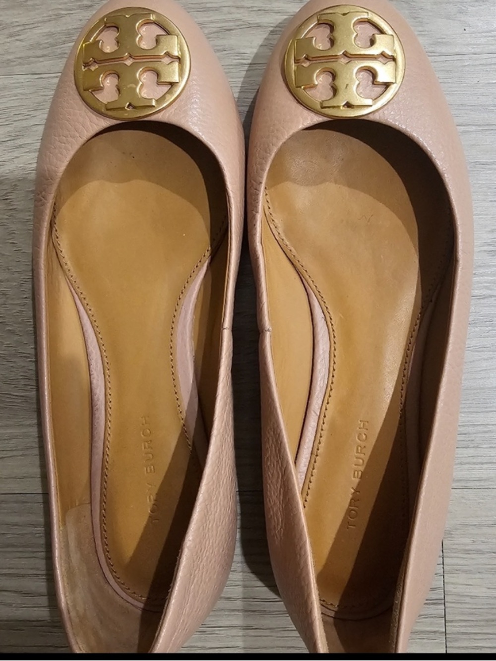 Tory Burch Blush Pink Leather Reva Ballet Flats with Gold Logo